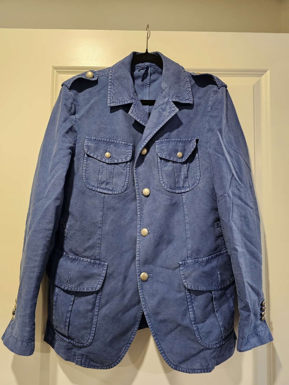 Men's Blue Military-Style Field Jacket with Button Details